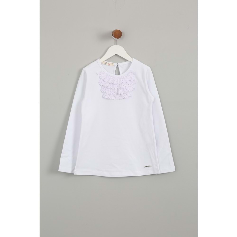 Kız Çocuk Tişört Yakası Dantelli - Beyaz (128/152)