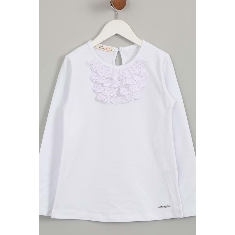Kız Çocuk Tişört Yakası Dantelli - Beyaz (128/152)