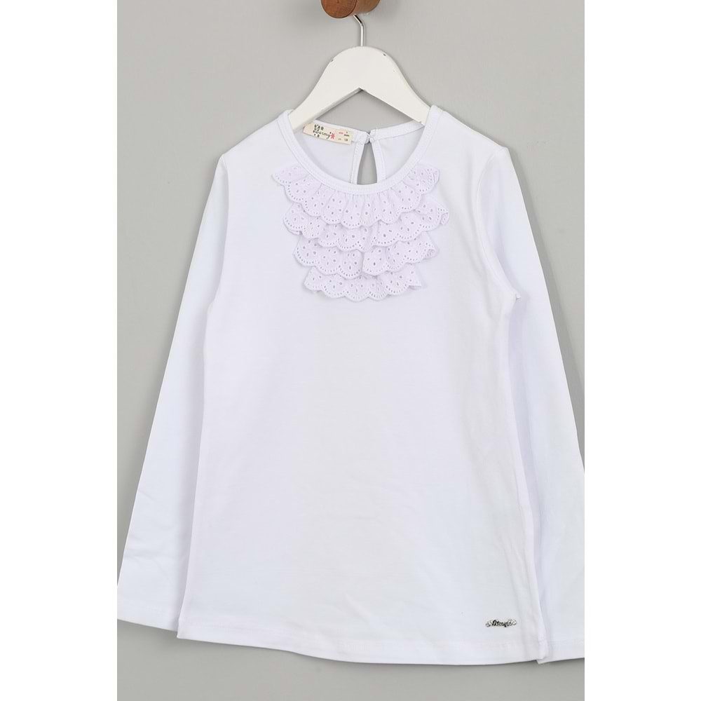 Kız Çocuk Tişört Yakası Dantelli - Beyaz (128/152)