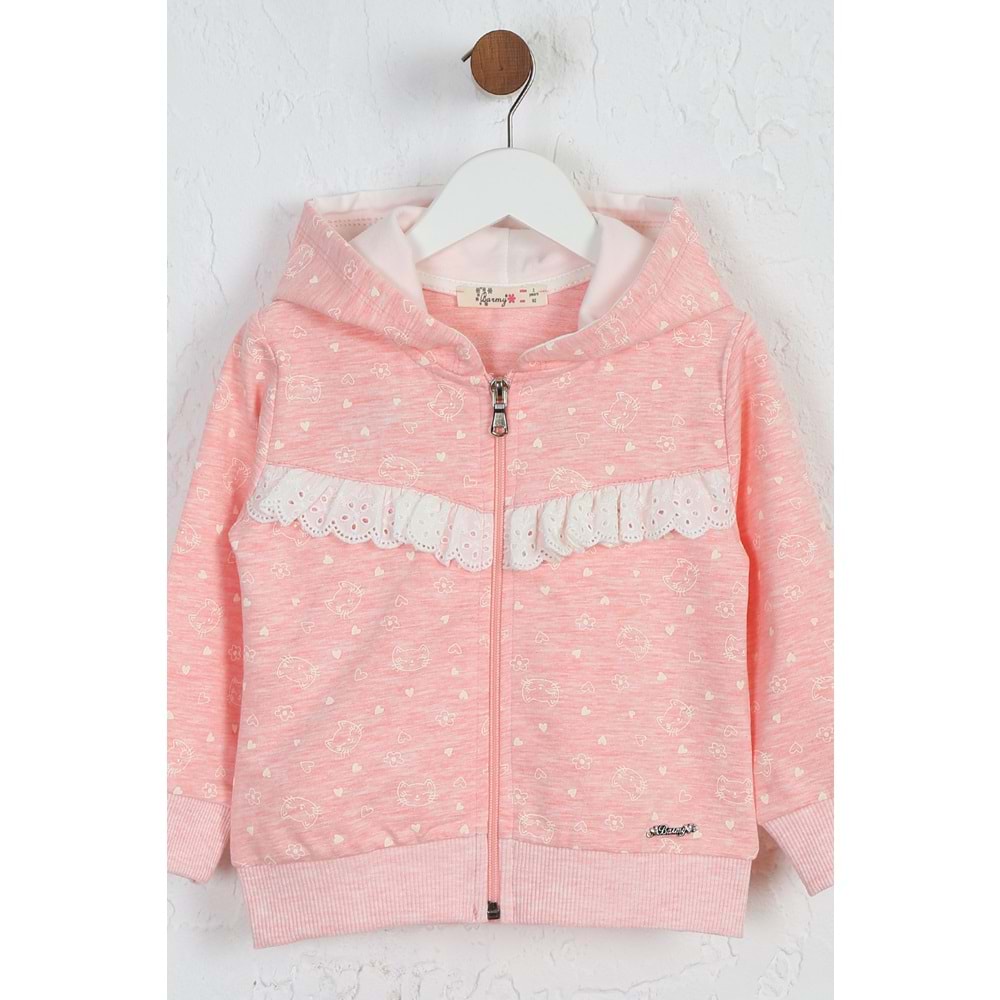 Kız Çocuk Hırka Kedi Desen - Pembe Melanj (92/116)