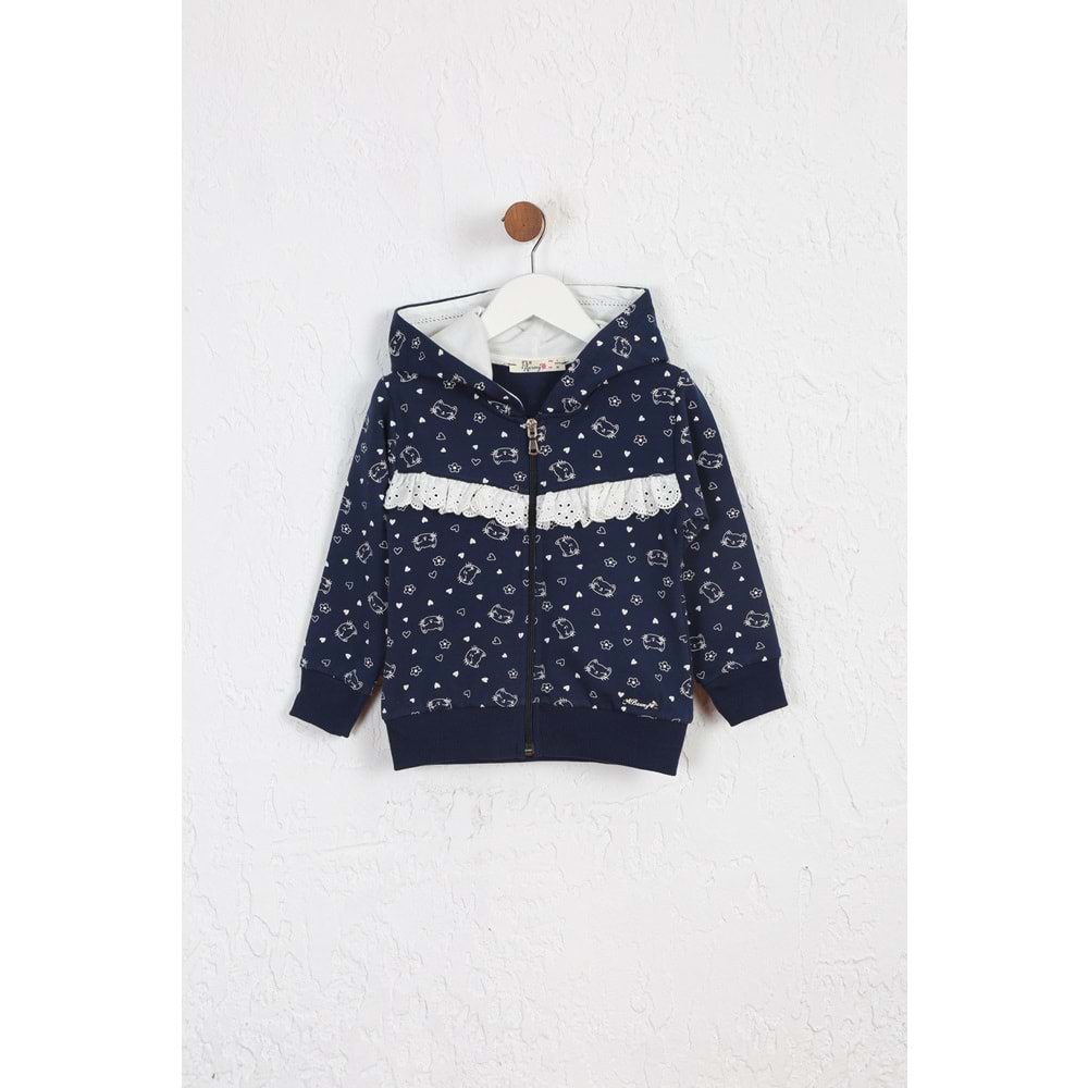 Kız Çocuk Hırka Kedi Desen - Lacivert Melanj (92/116)