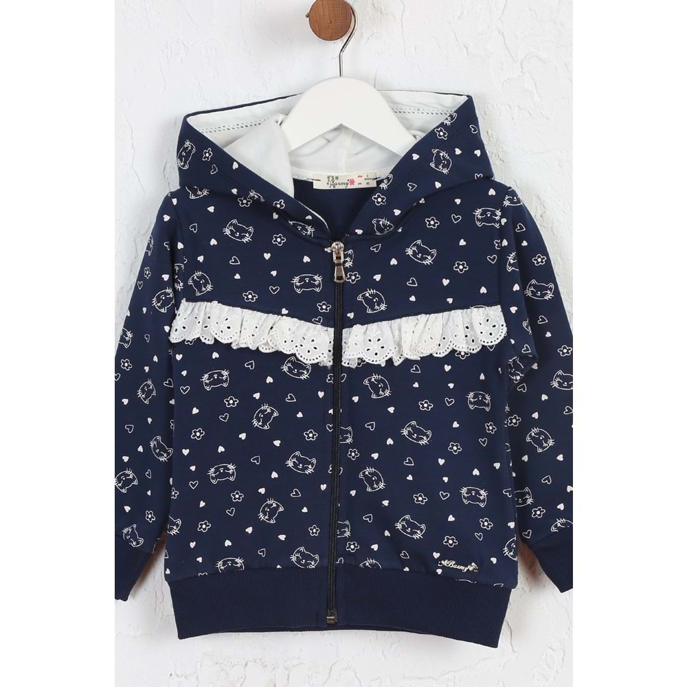 Kız Çocuk Hırka Kedi Desen - Lacivert Melanj (92/116)