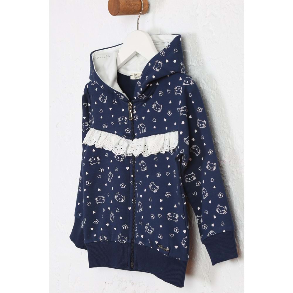 Kız Çocuk Hırka Kedi Desen - Lacivert Melanj (92/116)