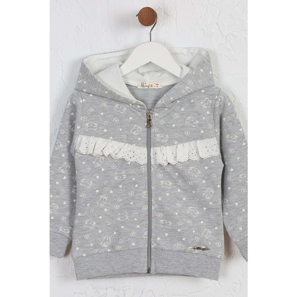 Kız Çocuk Hırka Kedi Desen - Gri Melanj (92/116)