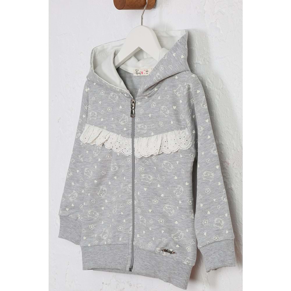 Kız Çocuk Hırka Kedi Desen - Gri Melanj (92/116)