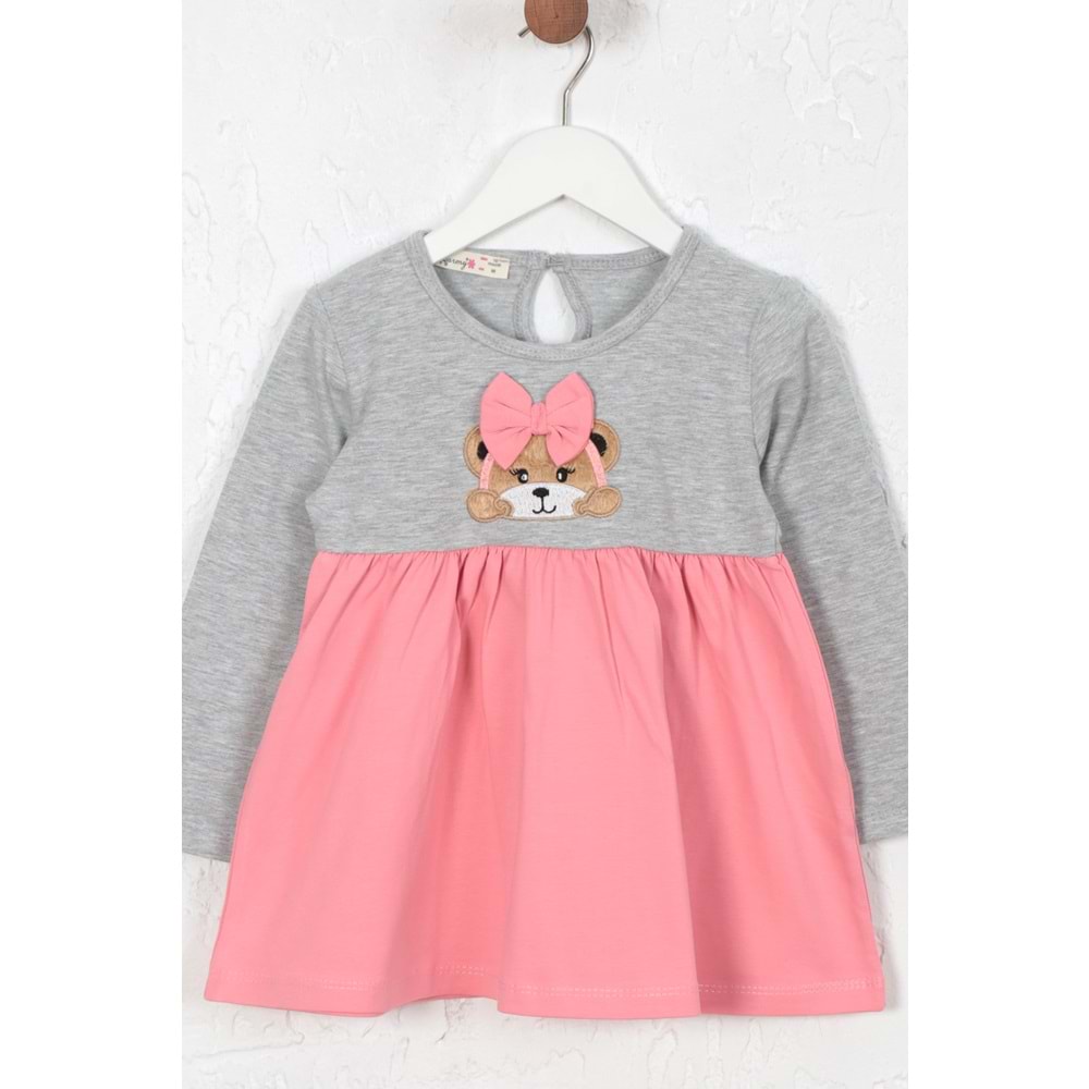 Kız Çocuk Elbise Kurdeleli Ayıcık Baskılı - Gri (86/110)