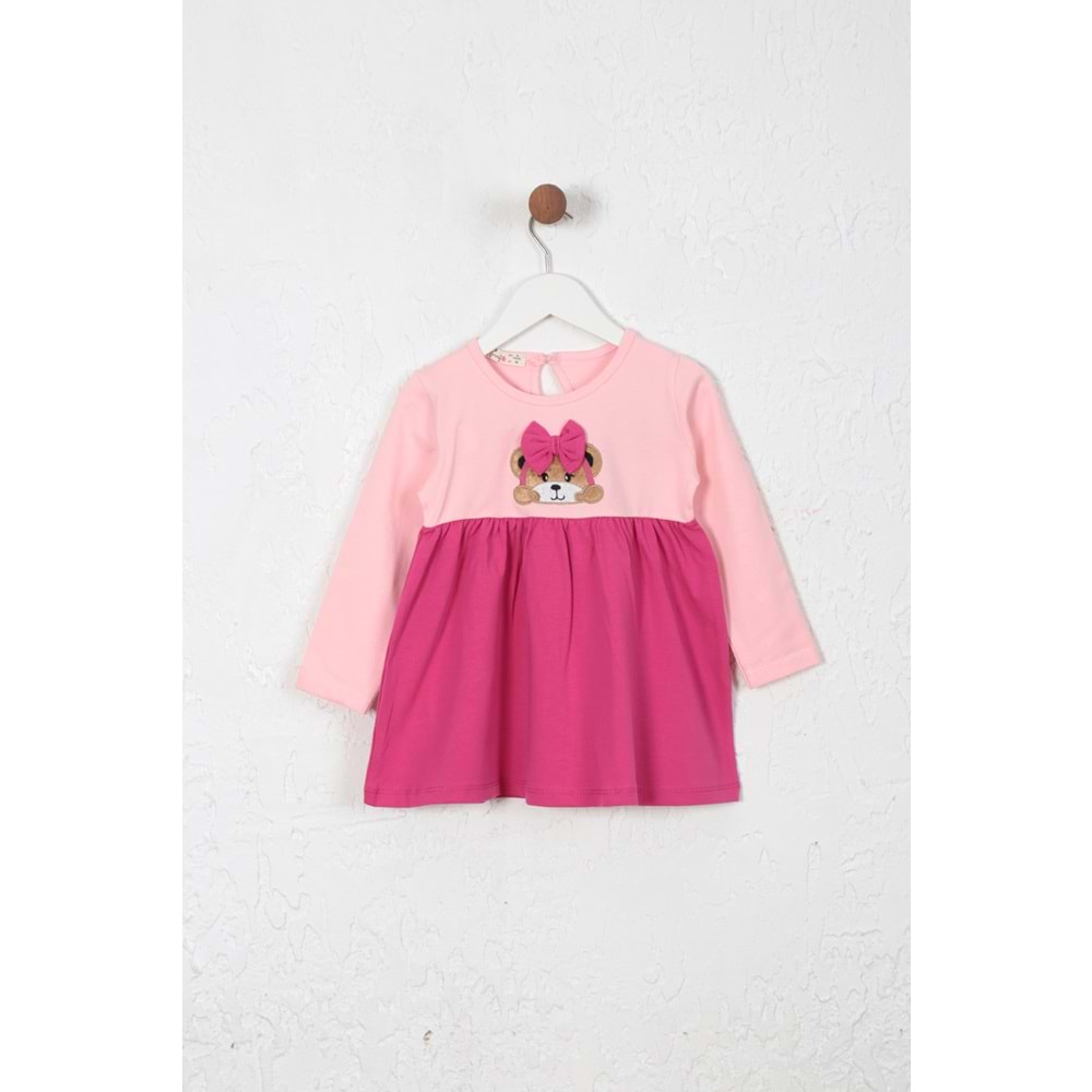 Kız Çocuk Elbise Kurdeleli Ayıcık Baskılı - Bebe Pembe (86/110)