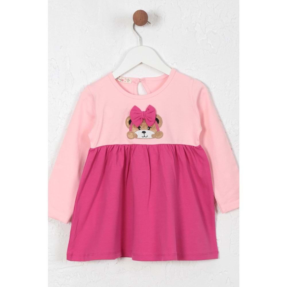Kız Çocuk Elbise Kurdeleli Ayıcık Baskılı - Bebe Pembe (86/110)