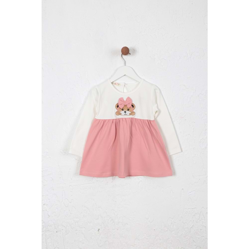 Kız Çocuk Elbise Kurdeleli Ayıcık Baskılı - Krem (86/110)