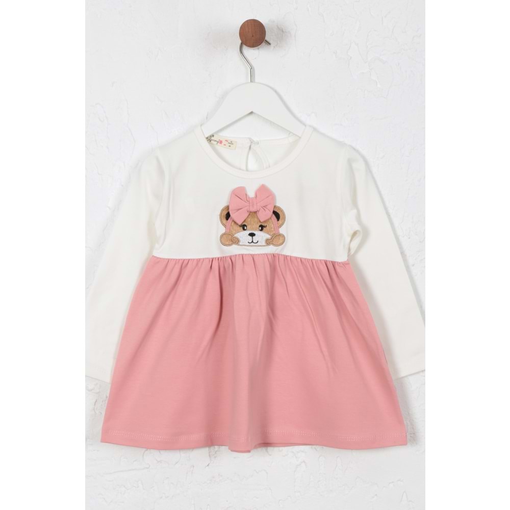 Kız Çocuk Elbise Kurdeleli Ayıcık Baskılı - Krem (86/110)