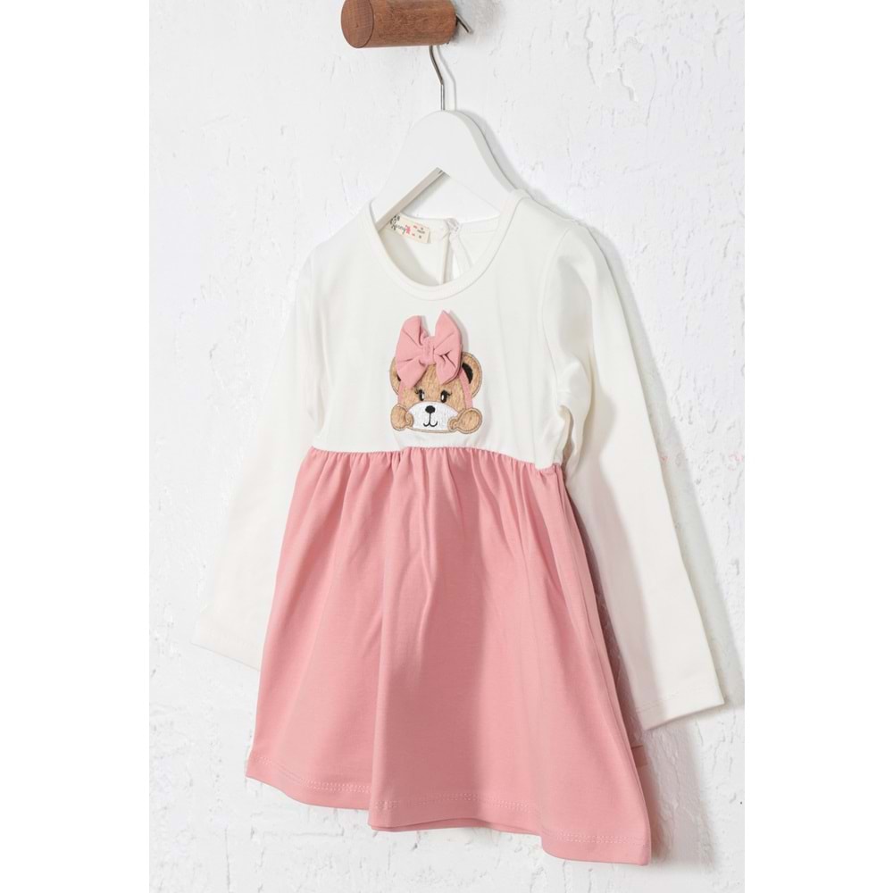 Kız Çocuk Elbise Kurdeleli Ayıcık Baskılı - Krem (86/110)