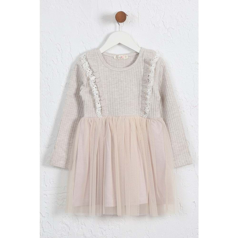 Kız Çocuk Elbise Çift Fırfırlı - Kahve Melanj (98/122)