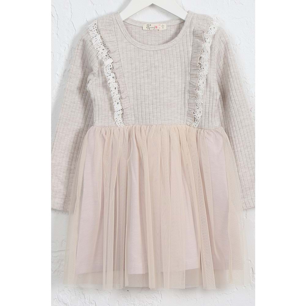 Kız Çocuk Elbise Çift Fırfırlı - Kahve Melanj (98/122)