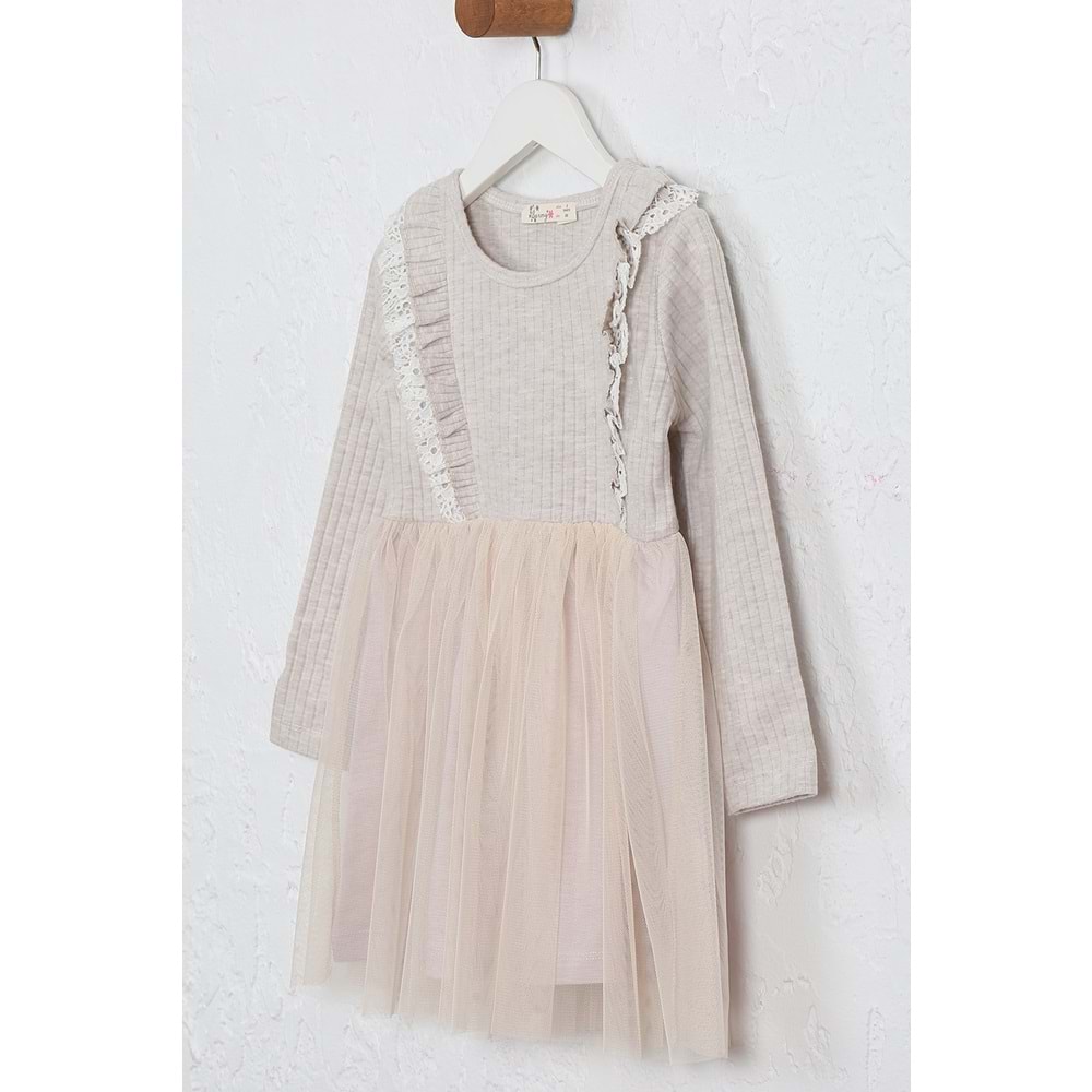 Kız Çocuk Elbise Çift Fırfırlı - Kahve Melanj (98/122)