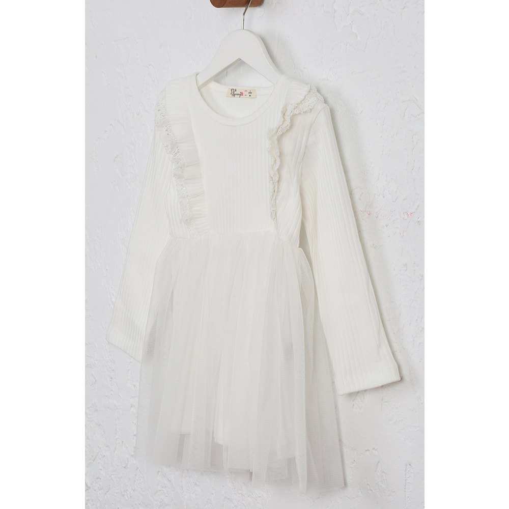 Kız Çocuk Elbise Çift Fırfırlı - Krem (98/122)