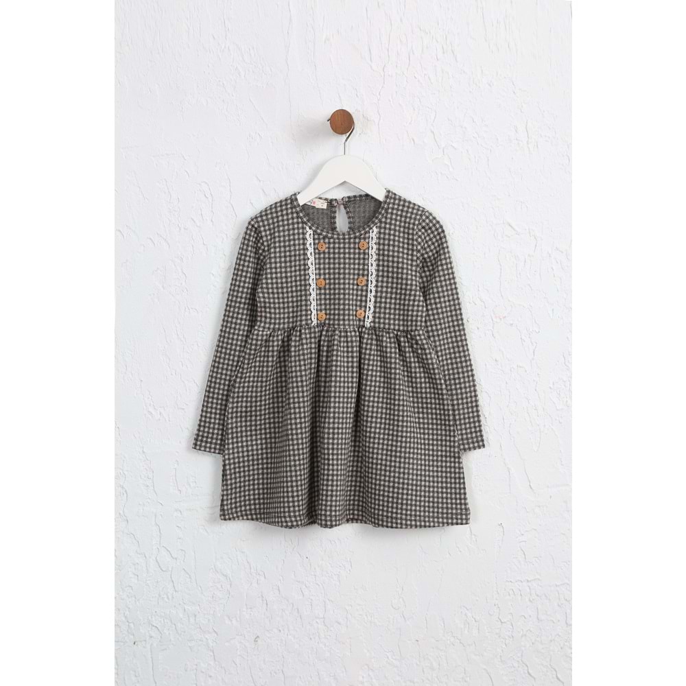 Kız çocuk Elbise Dantelli Düğmeli - Yavruağzı-Antrasit (98/122)