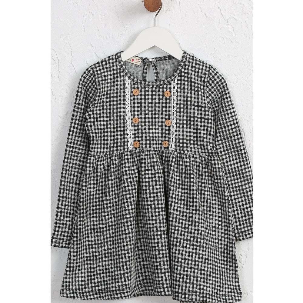 Kız çocuk Elbise Dantelli Düğmeli - Beyaz-Siyah (98/122)