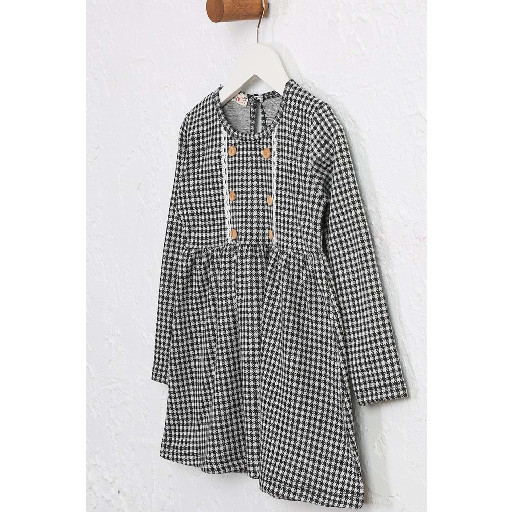 Kız çocuk Elbise Dantelli Düğmeli - Beyaz-Siyah (98/122)