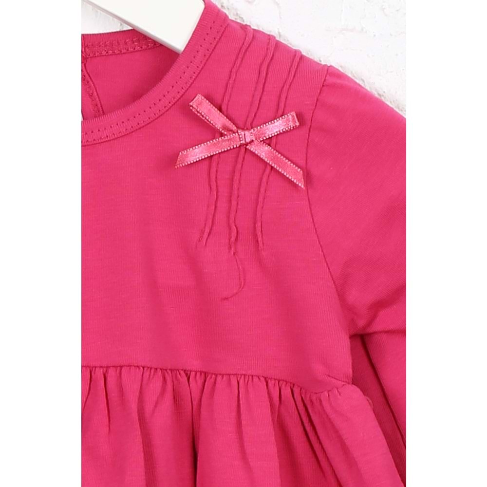 Kız Çocuk Elbise Hazır Fiyonklu - Koyu Fuşya (74/98)