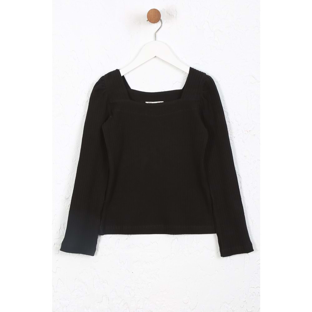 Kız Çocuk Tişört Dikdörtgen Yaka - Siyah (128/152)