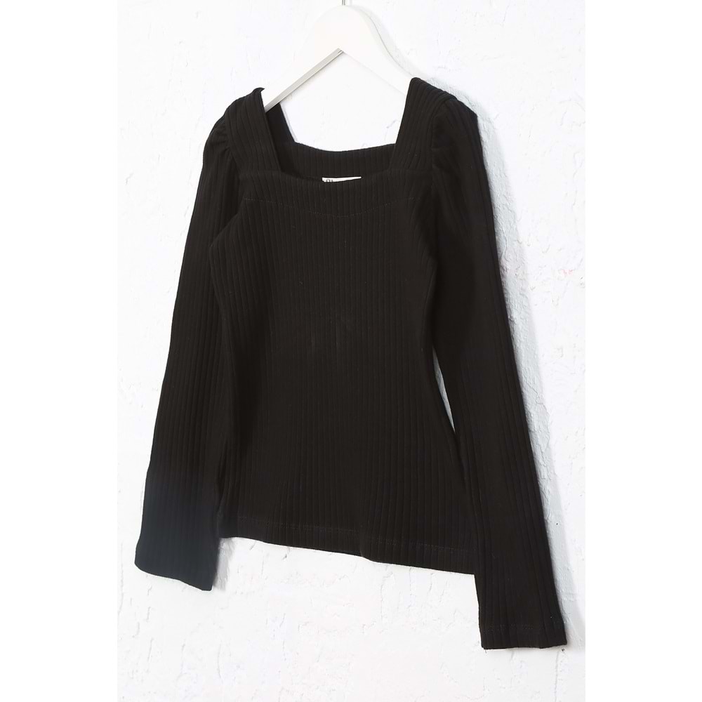 Kız Çocuk Tişört Dikdörtgen Yaka - Siyah (128/152)