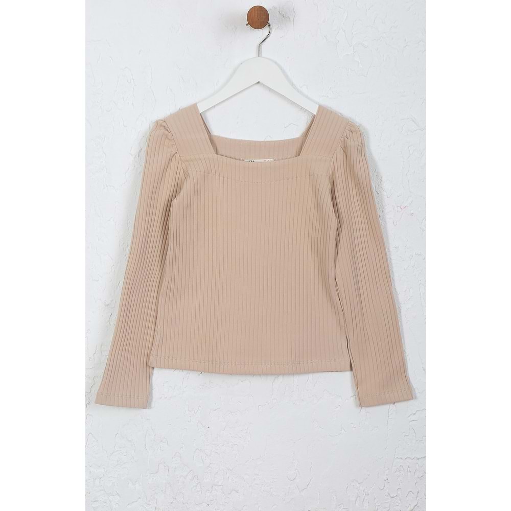 Kız Çocuk Tişört Dikdörtgen Yaka - Sütlü Kahve (128/152)