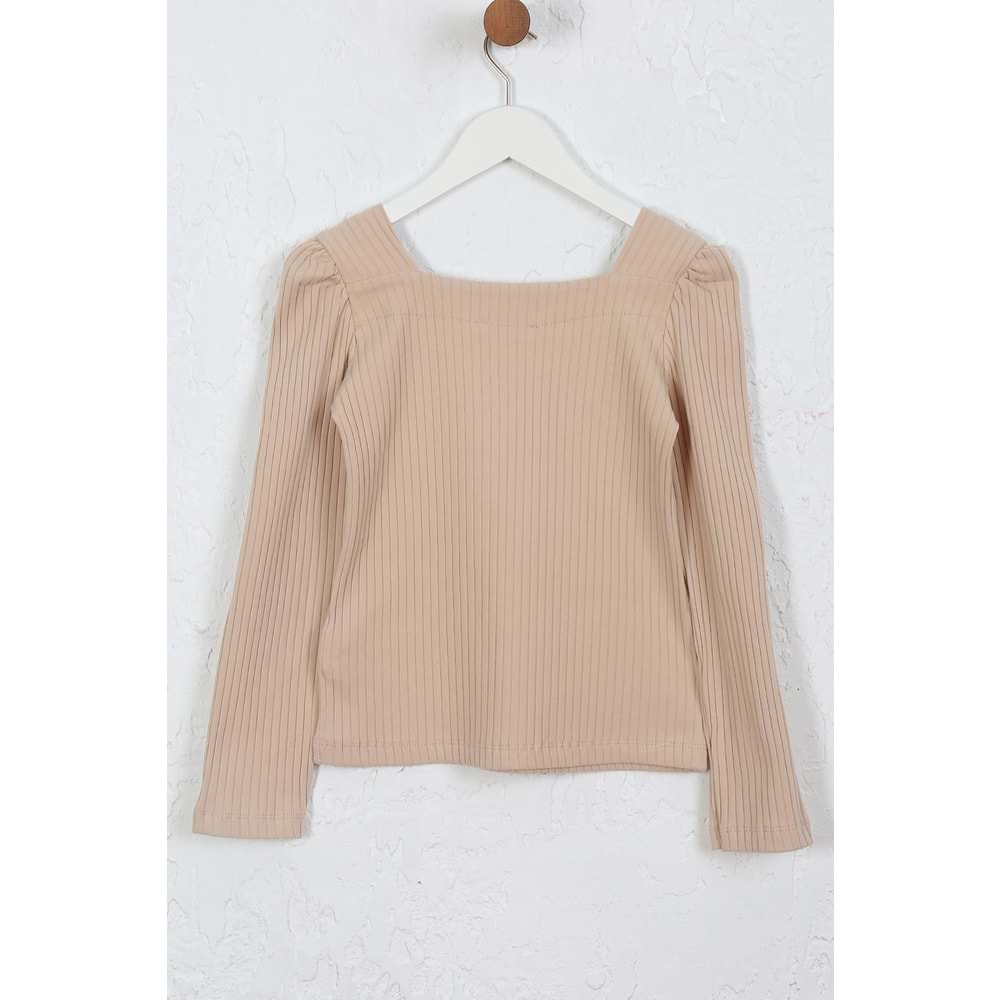 Kız Çocuk Tişört Dikdörtgen Yaka - Sütlü Kahve (128/152)