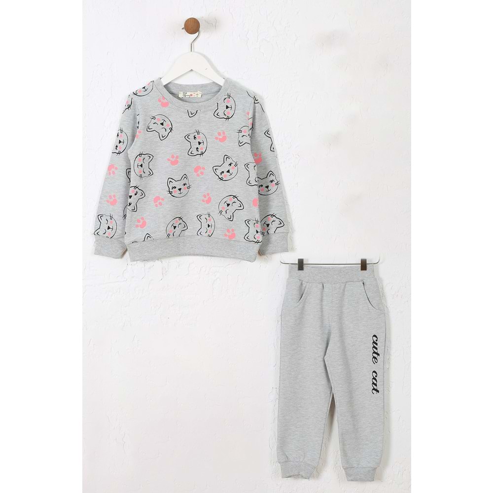 Kız Çocuk Sweat Takım Kediler Baskılı - Gri Melanj (98/122)