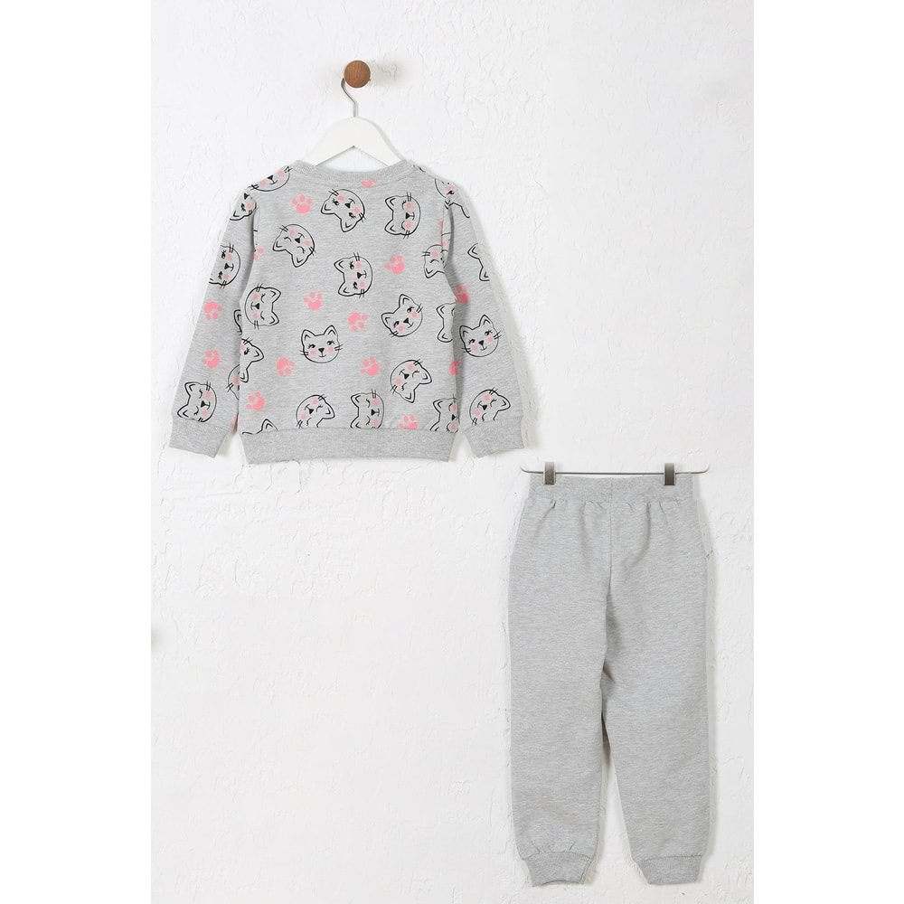 Kız Çocuk Sweat Takım Kediler Baskılı - Gri Melanj (98/122)