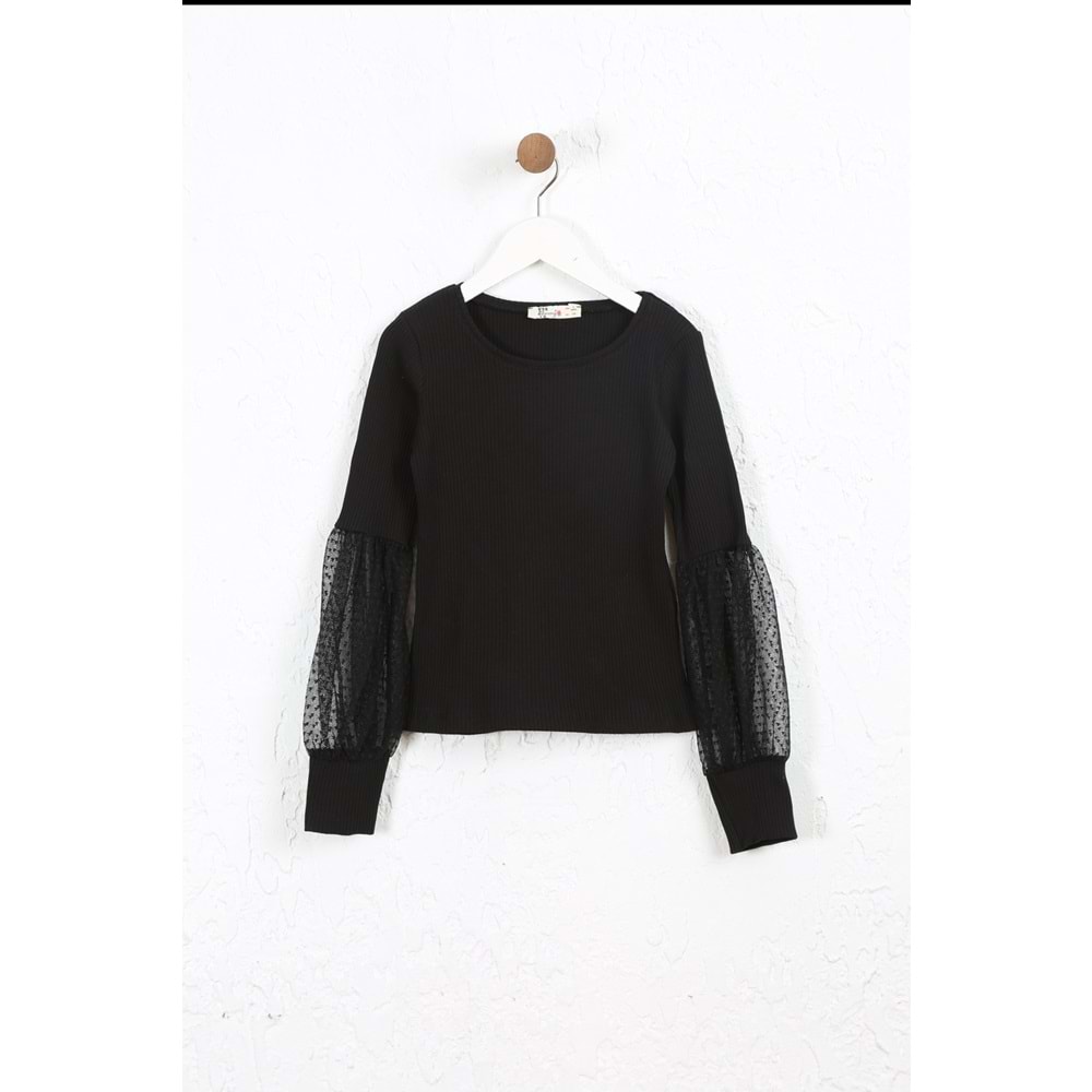 Kız Çocuk Tişört Kolları Dantelli - Siyah (128/152)