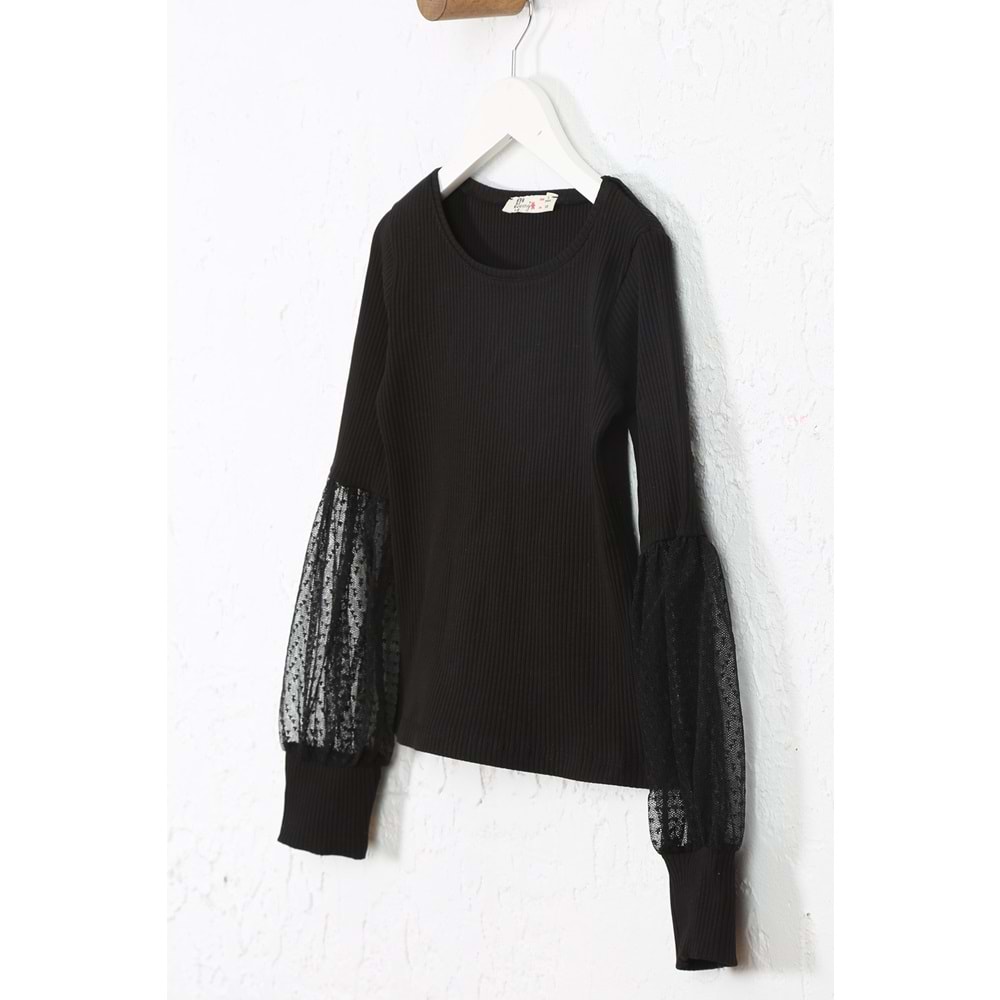 Kız Çocuk Tişört Kolları Dantelli - Siyah (128/152)