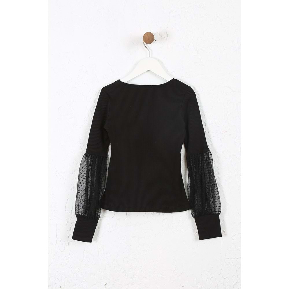 Kız Çocuk Tişört Kolları Dantelli - Siyah (128/152)