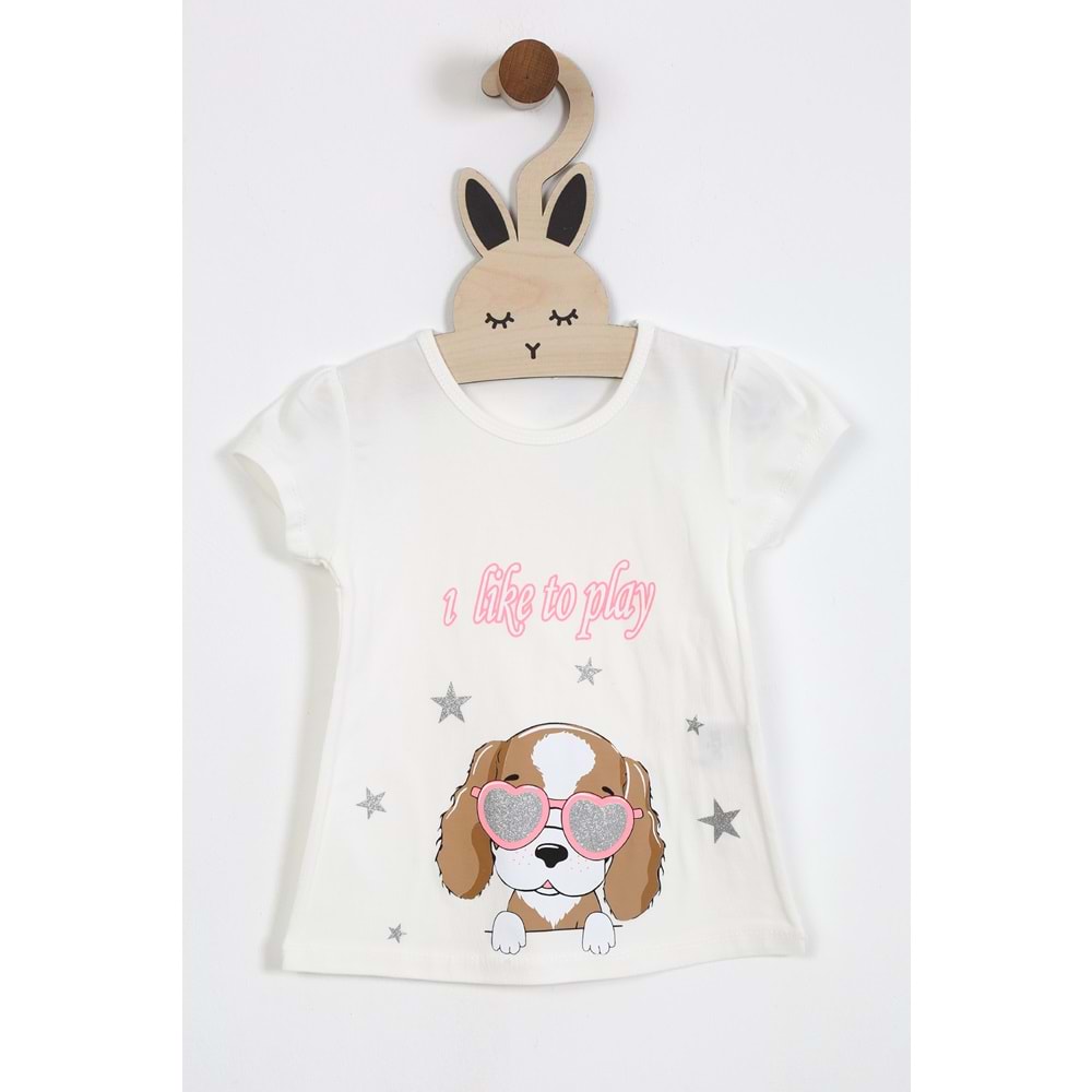 Kız Çocuk Tişört Köpek Baskılı - Krem (92/116)