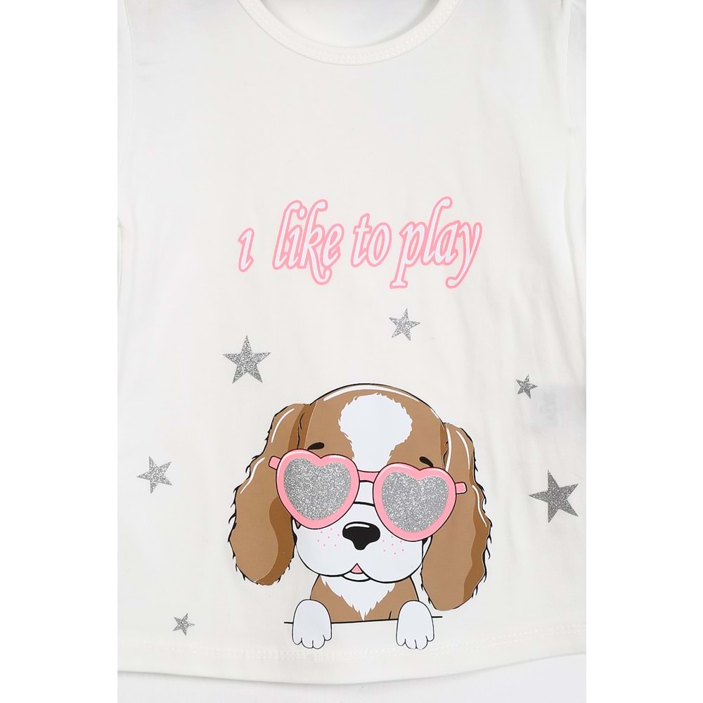 Kız Çocuk Tişört Köpek Baskılı - Krem (92/116)