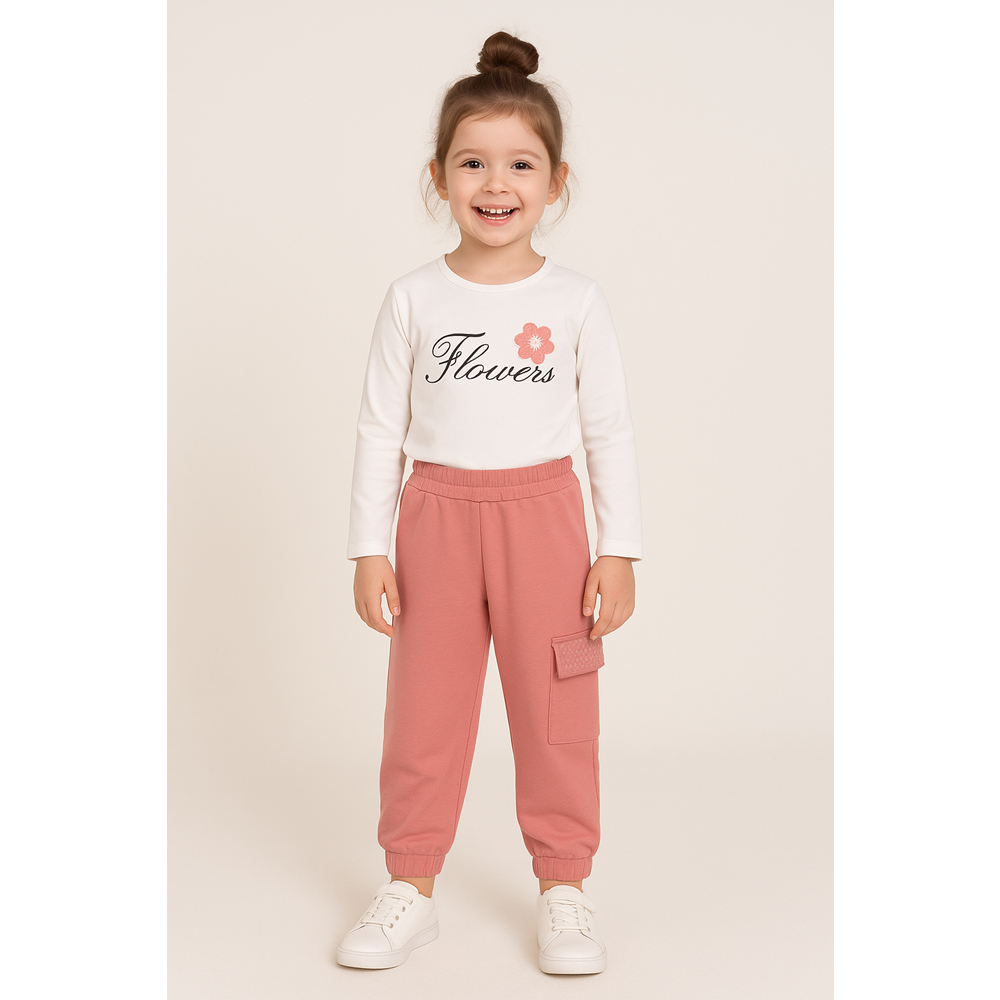 Kız Çocuk Cep Detaylı Takım - Krem-Gülkurusu - (98/122)