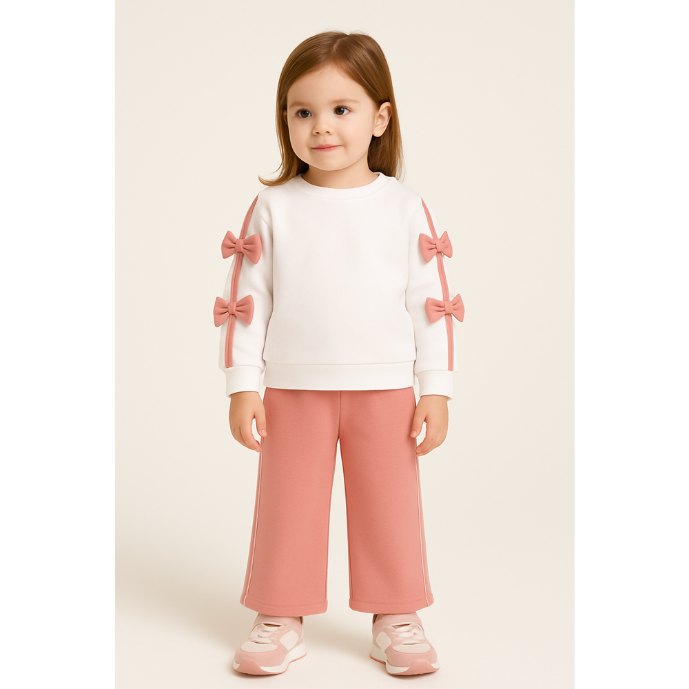 Kız Çocuk Takım Kolda Fiyonk Detaylı - Krem-Gülkurusu - (116/140)
