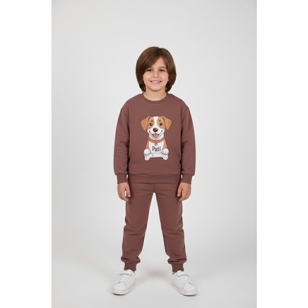 Erkek Çocuk Köpek Baskılı Takım - Kahverengi - (116/140)