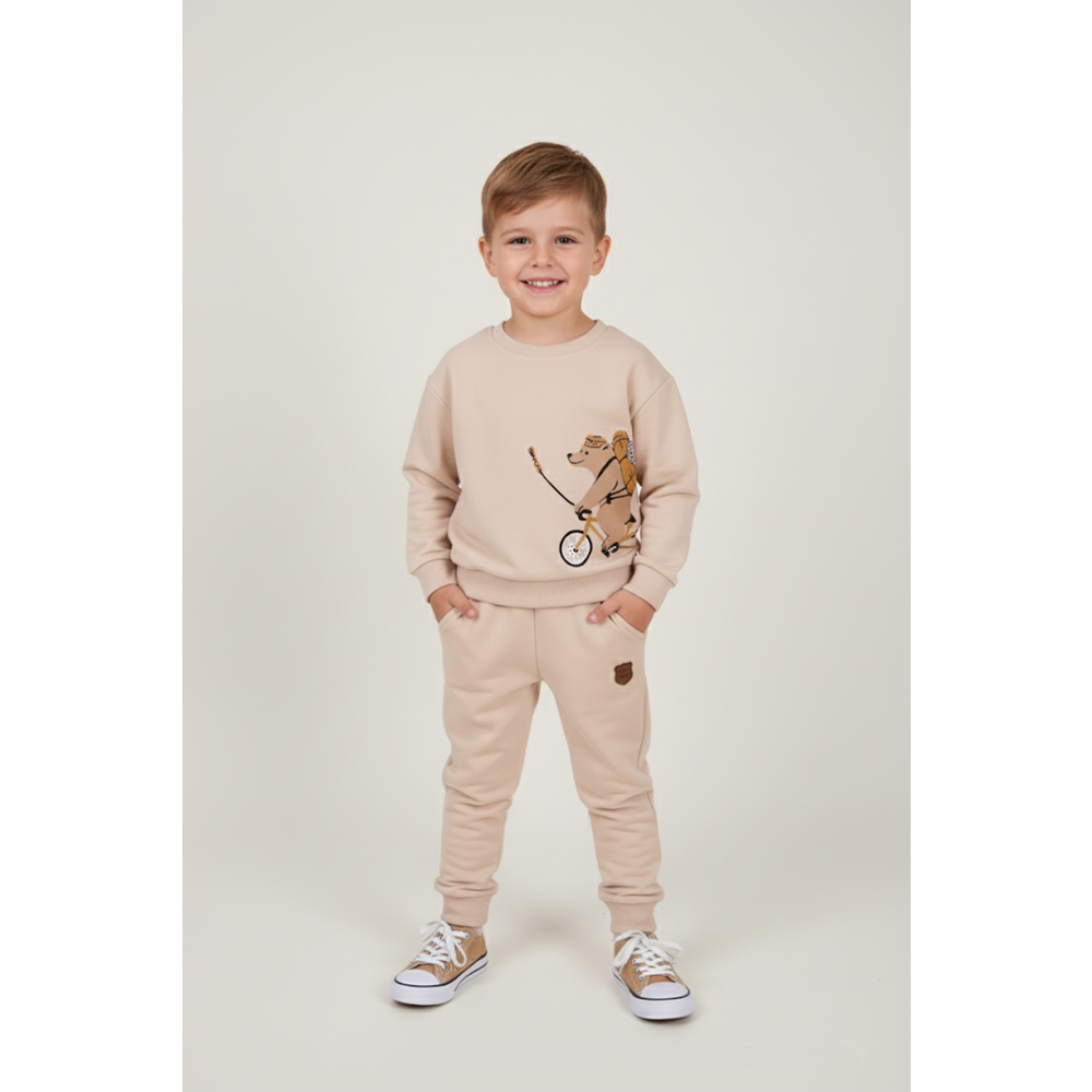 Erkek Çocuk Ayı Baskılı Takım - Taş - (98/122)