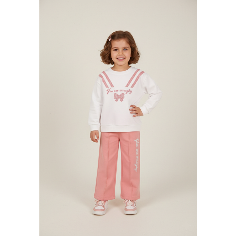 Kız Çocuk Fiyonk Baskılı Takım - Krem-Gülkurusu - (98/122)