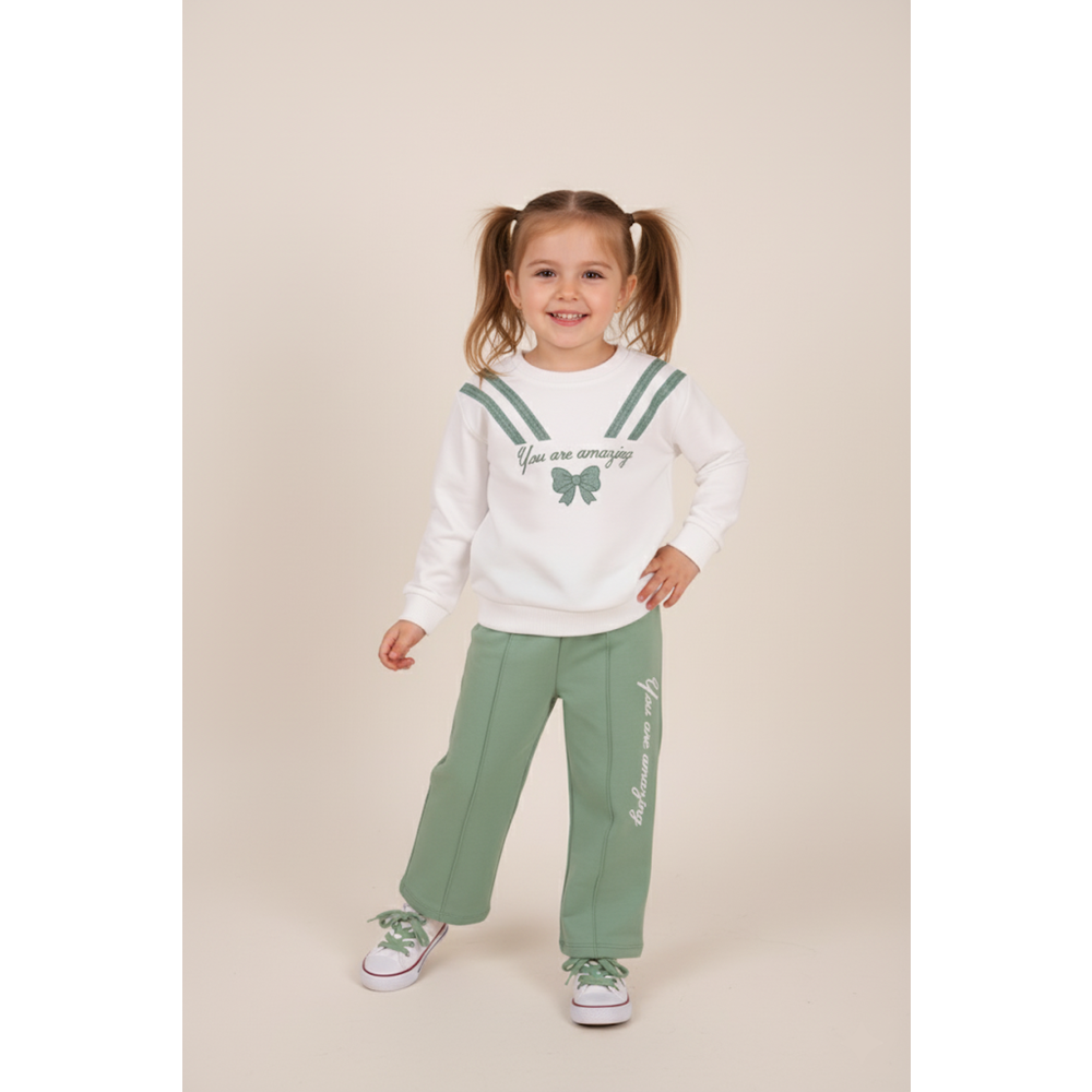 Kız Çocuk Fiyonk Baskılı Takım - Krem-Yeşil - (98/122)