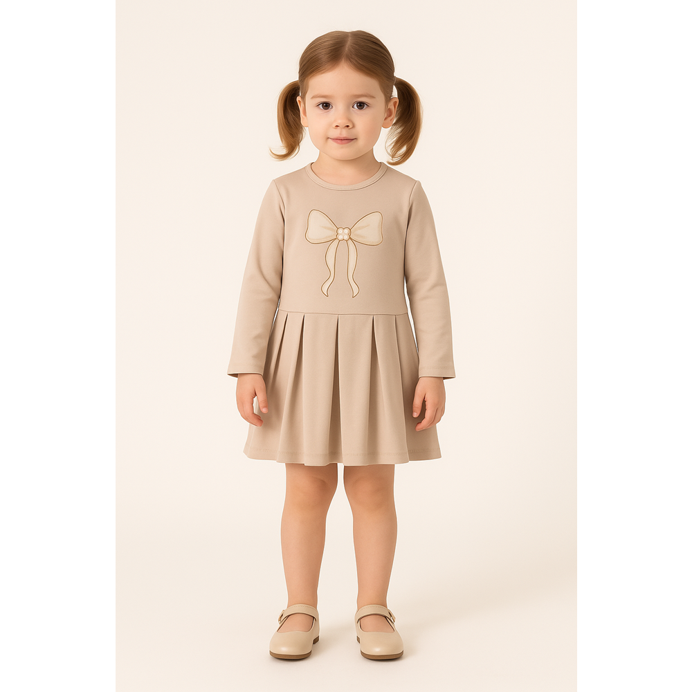 Kız Çocuk Fiyonk Baskılı Elbise - Taş - (92/116)