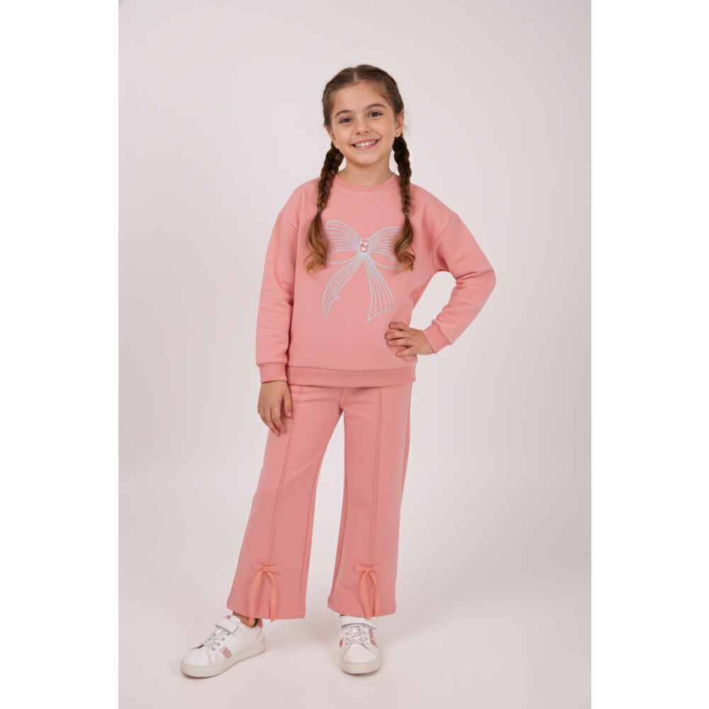 Kız Çocuk Fiyonk Baskılı Takım - Gül Kurusu - (116/140)
