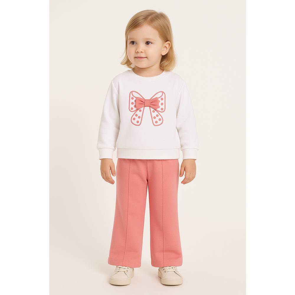 Kız Çocuk Fiyonk Baskılı Takım - Krem-Gülkurusu - (98/122)