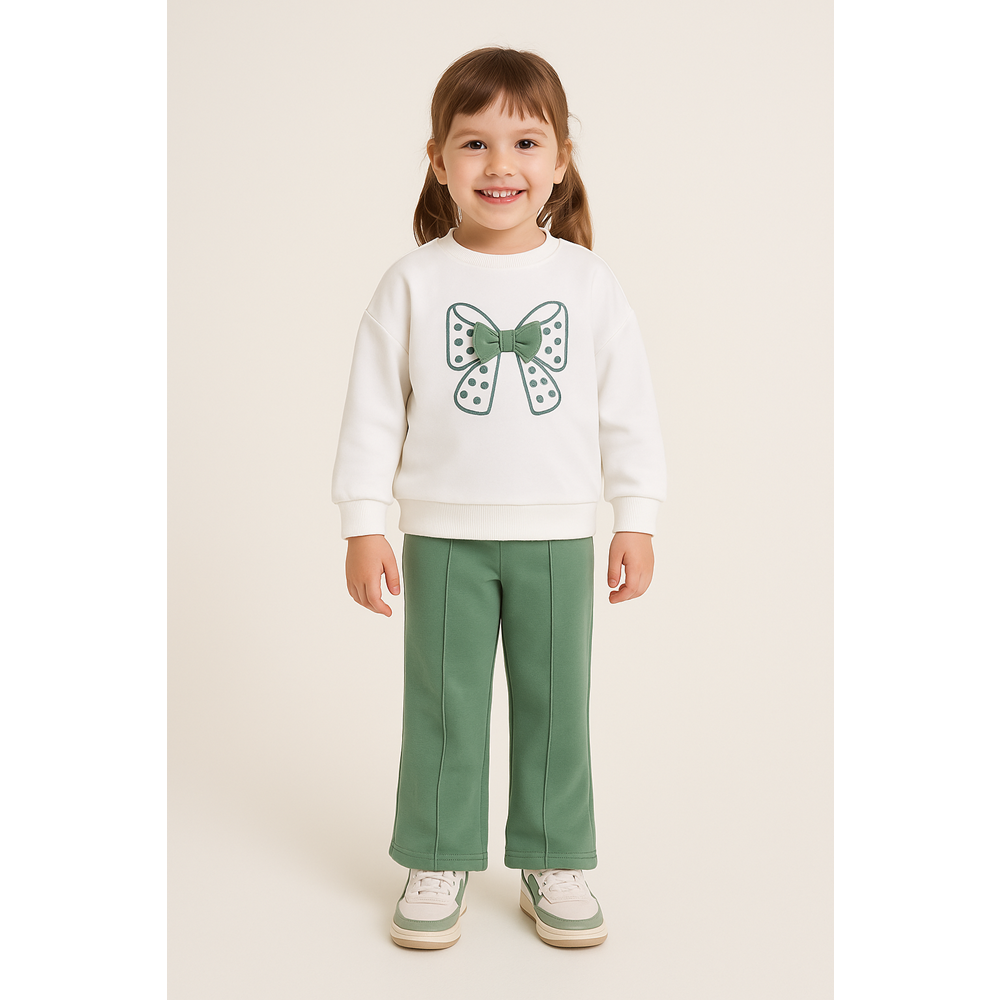 Kız Çocuk Fiyonk Baskılı Takım - Krem-Yeşil - (98/122)