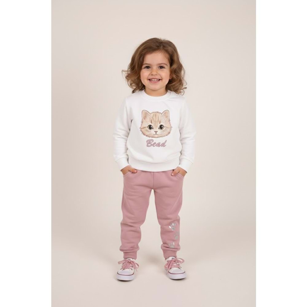 Kız Çocuk Kedi Baskılı Takım - Krem - (86/110)