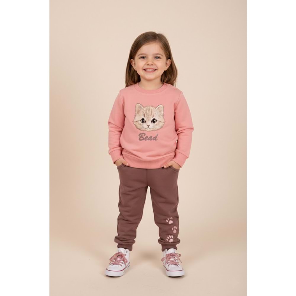 Kız Çocuk Kedi Baskılı Takım - Gül Kurusu - (86/110)