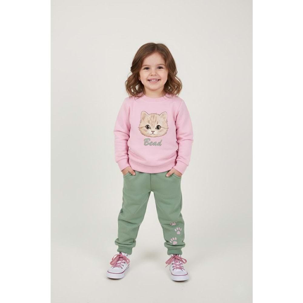 Kız Çocuk Kedi Baskılı Takım - Bebe Pembe - (86/110)