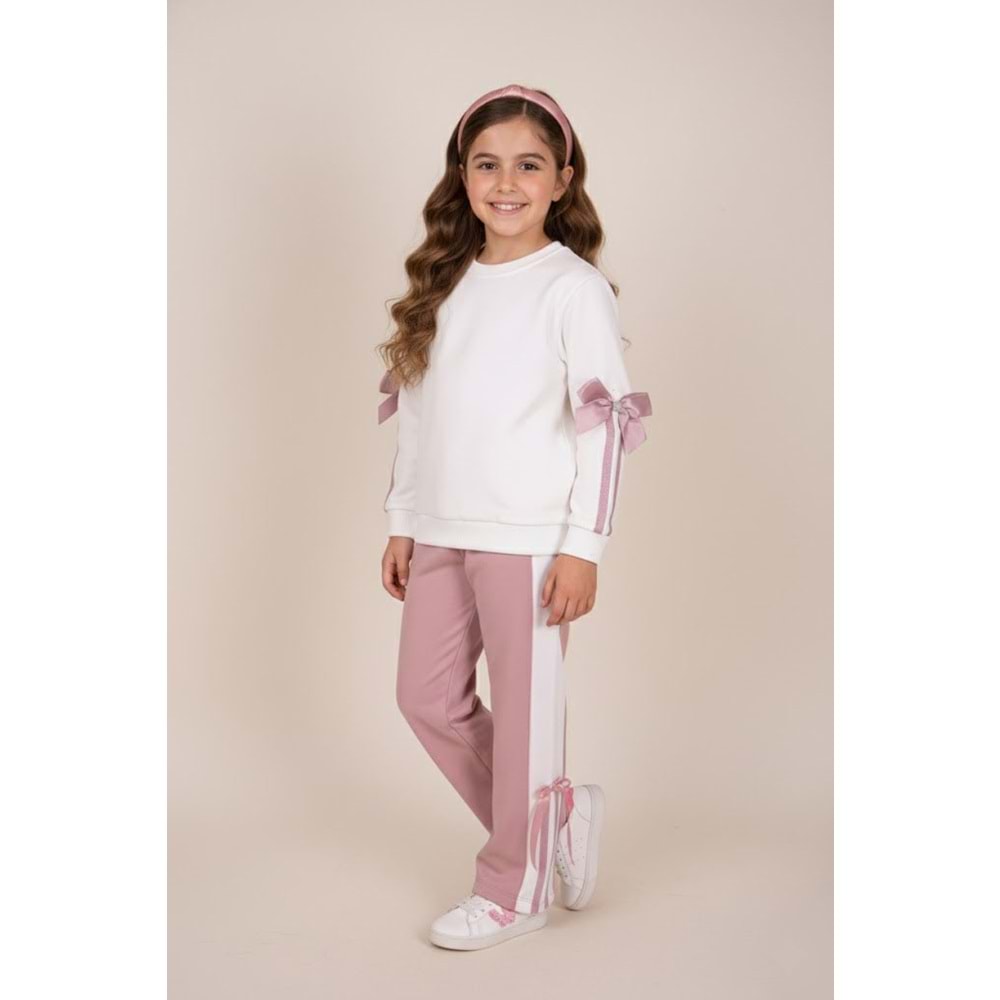 Kız Çocuk Fiyonk Detaylı Takım - Krem-Lila - (116/140)
