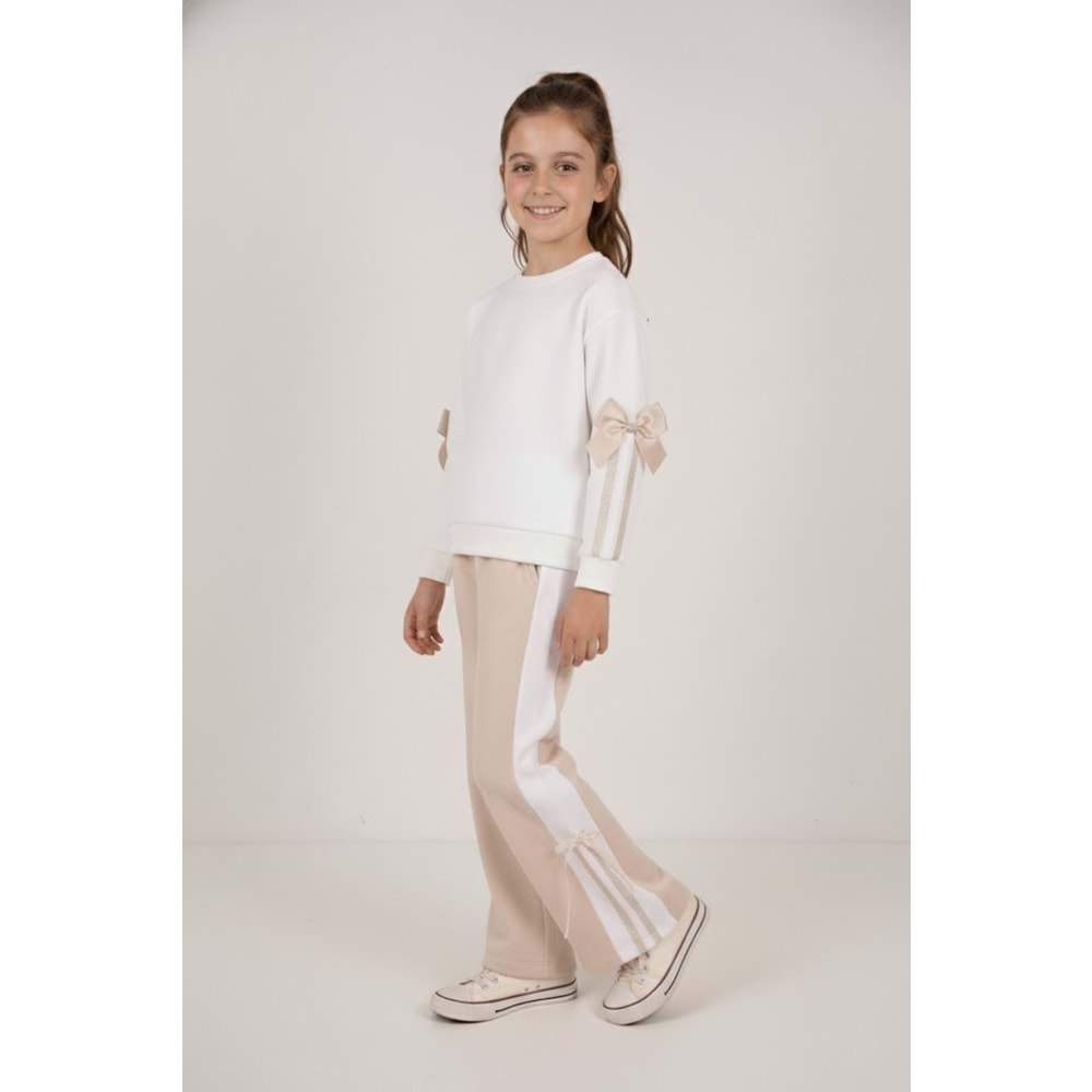 Kız Çocuk Fiyonk Detaylı Takım - Krem-Taş - (116/140)