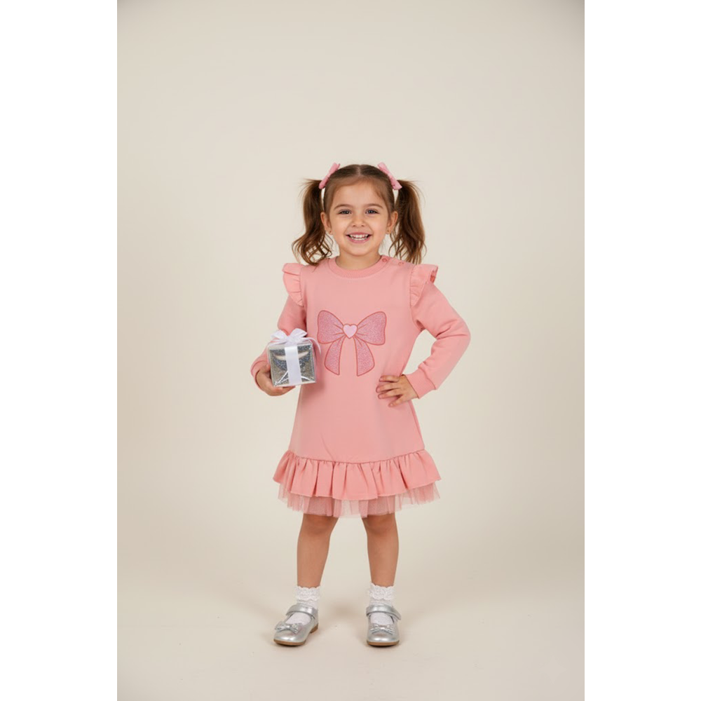 Kız Çocuk Fiyonk Baskılı Elbise - Gül Kurusu - (74/98)